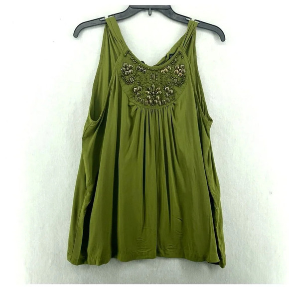 APT.9 Tank Top Women Sz L Green Pullover Studded Beads Shirred Halter Neck Boho - Picture 1 of 11
